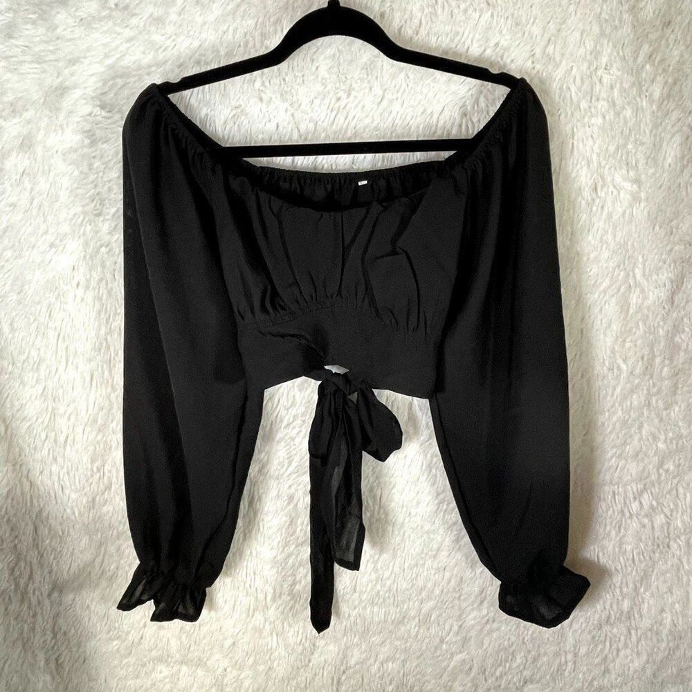 Boutique Tie Back Black Crop Top Peasant Blouse Womens Size Large